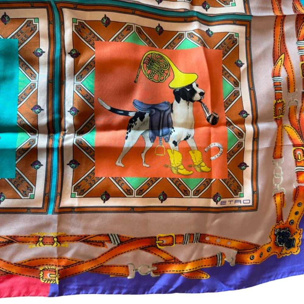 Vintage Rare Etro Dog Cowboy Western 100% Luxury Designer Colorful Silk Scarf OS